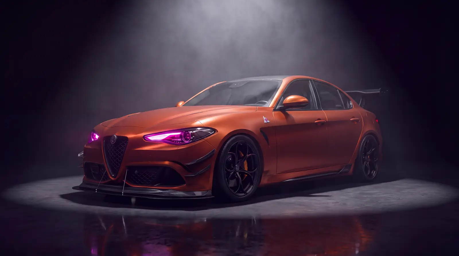 A saloon wrapped in burnt orange in a dark studio