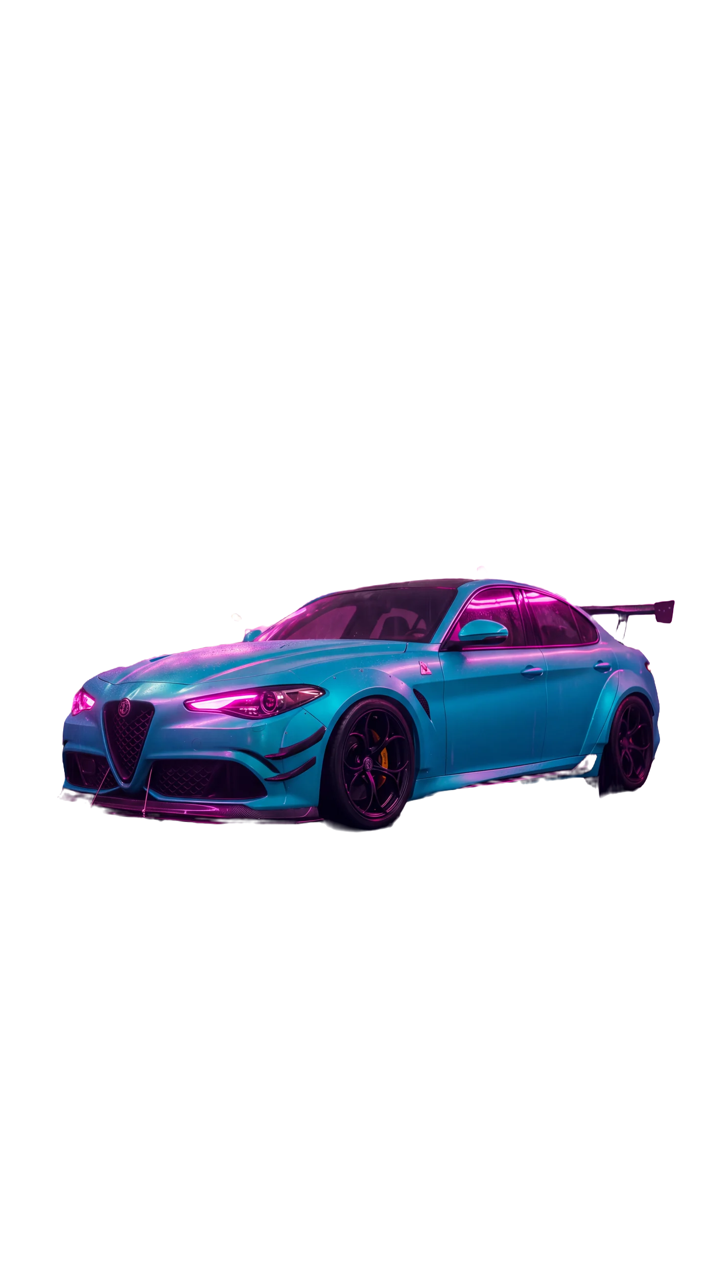 A widebody saloon wrapped in satin cyan vinyl on a wet neon street at night