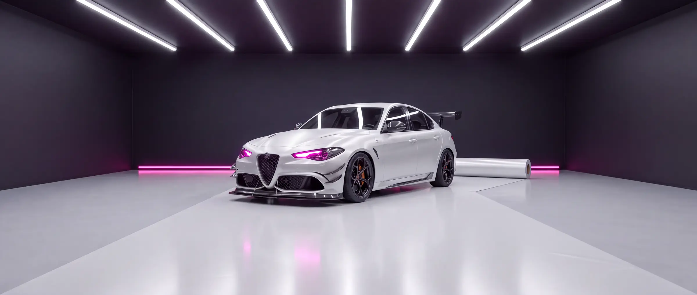 The same saloon wrapped in satin pearl white, in the wrapping bay