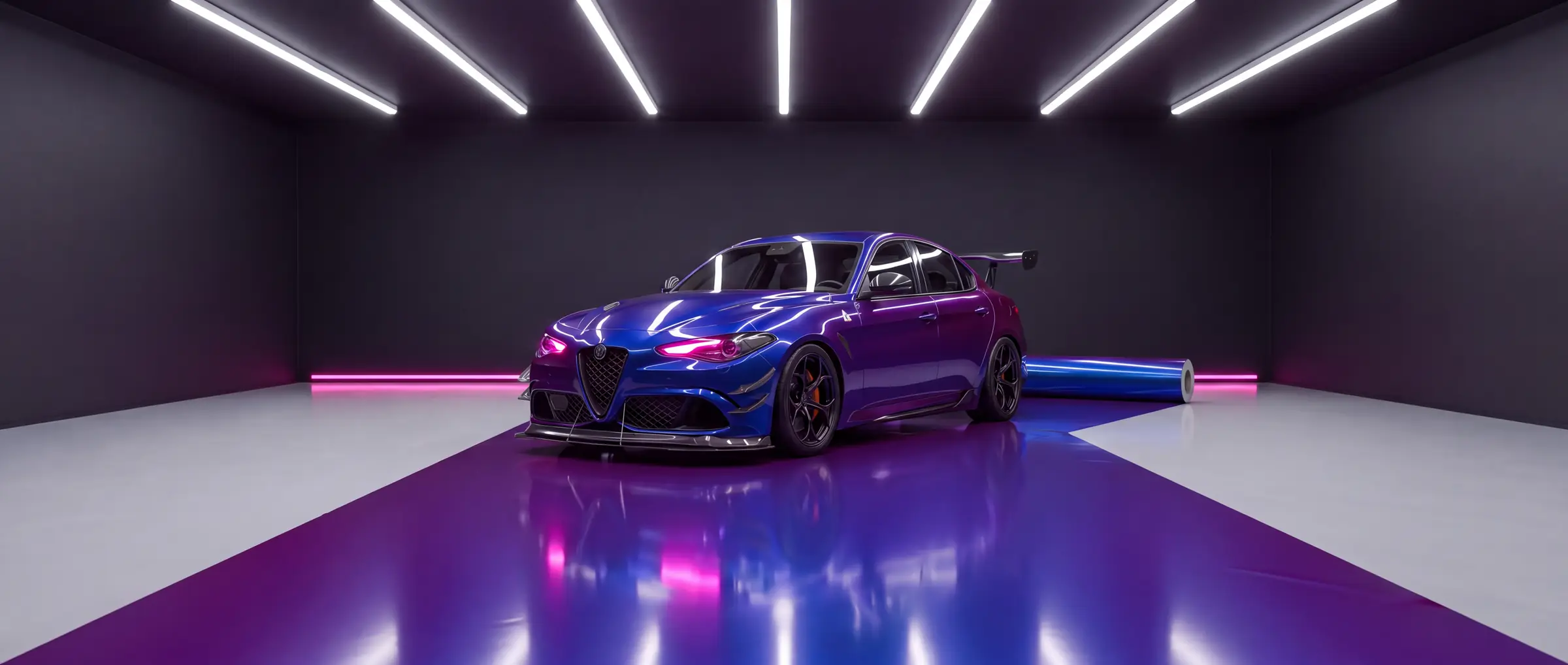 The same saloon wrapped in blue to purple, in the wrapping bay