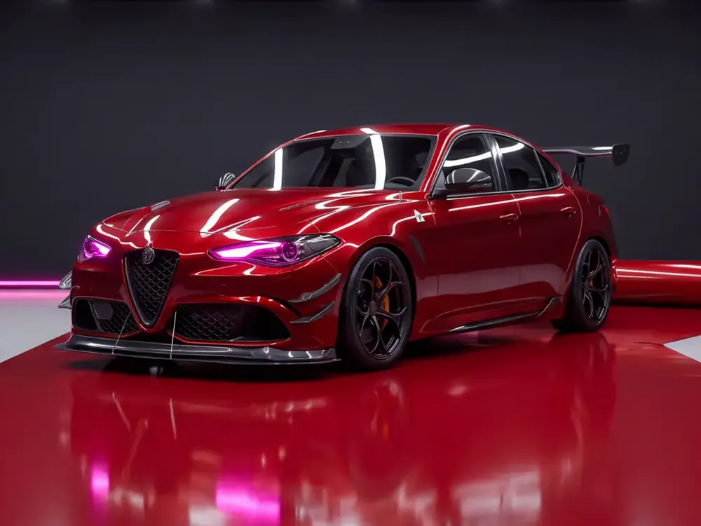A red saloon in a gloss colour change wrap in the wrapping bay