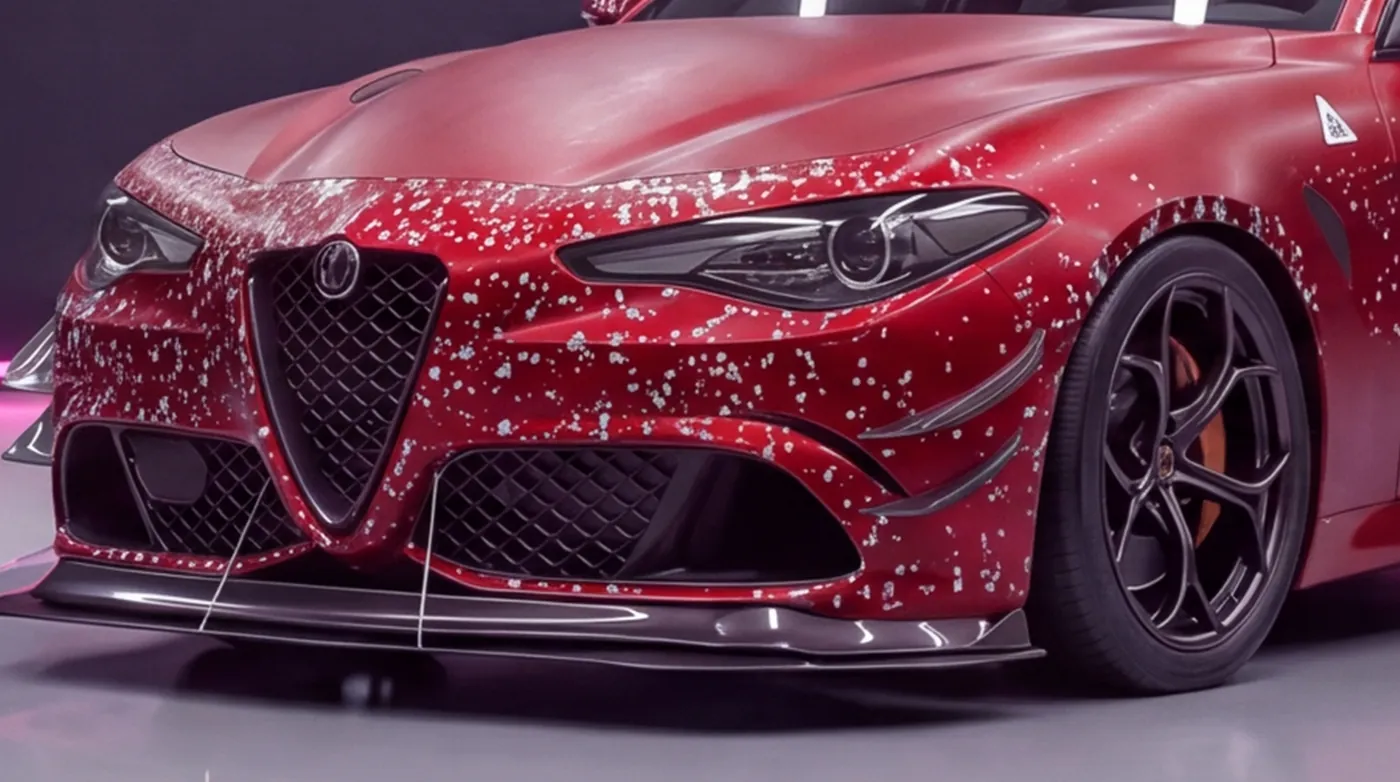 Close-up of the car's bonnet and bumper peppered with stone chips, with no protection film