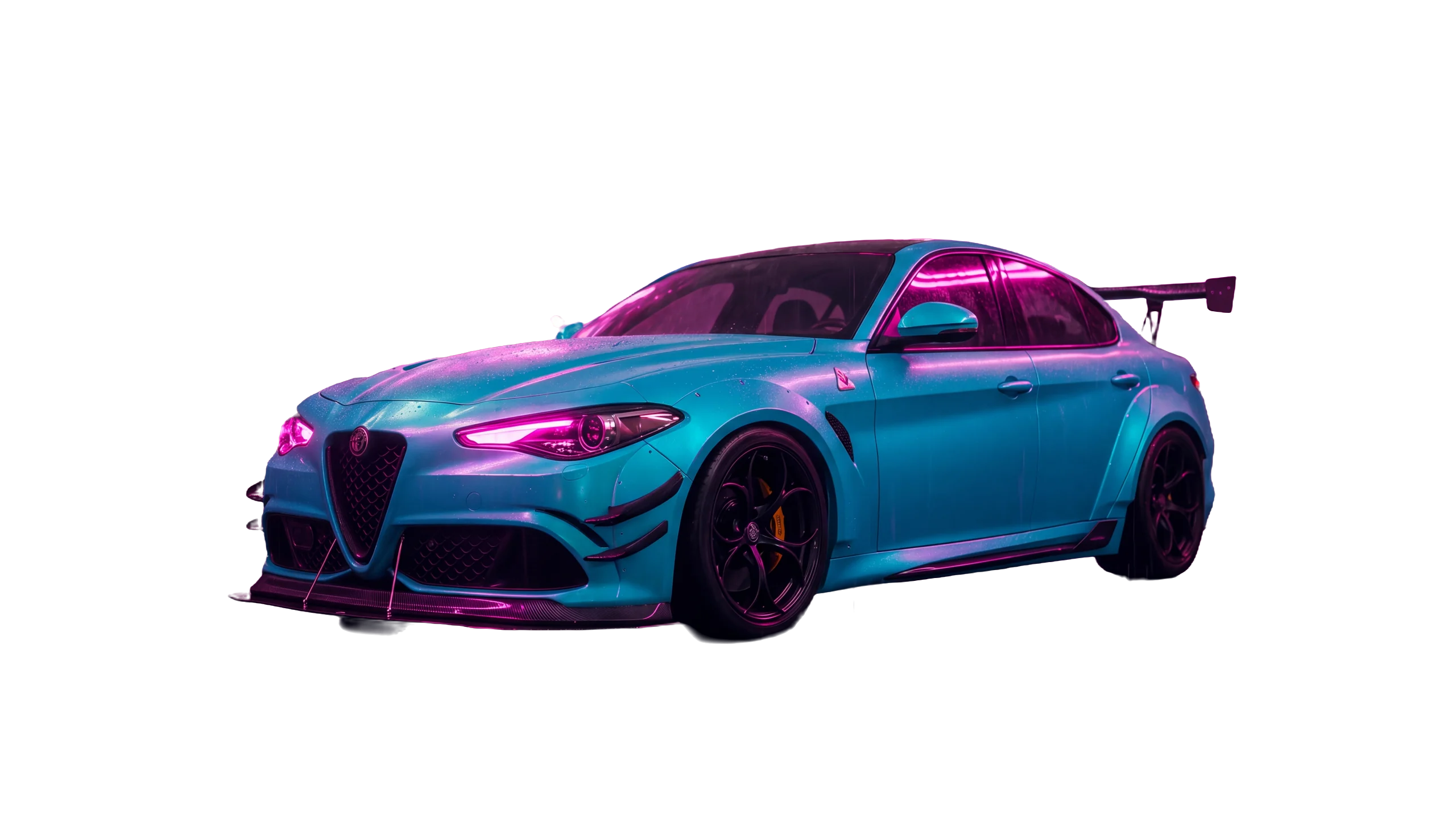 A widebody saloon wrapped in satin cyan vinyl on a wet neon street at night