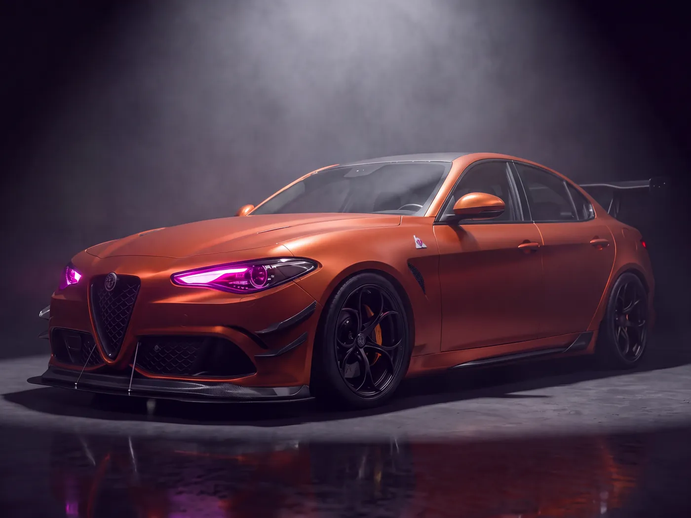 A satin burnt orange wrapped saloon under a spotlight in the Second Skin unit