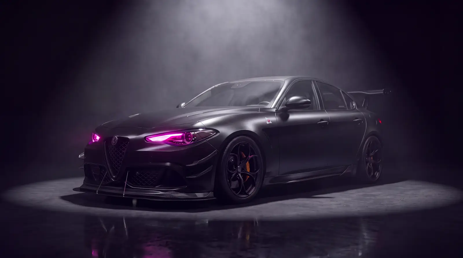 A saloon wrapped in satin black in a dark studio