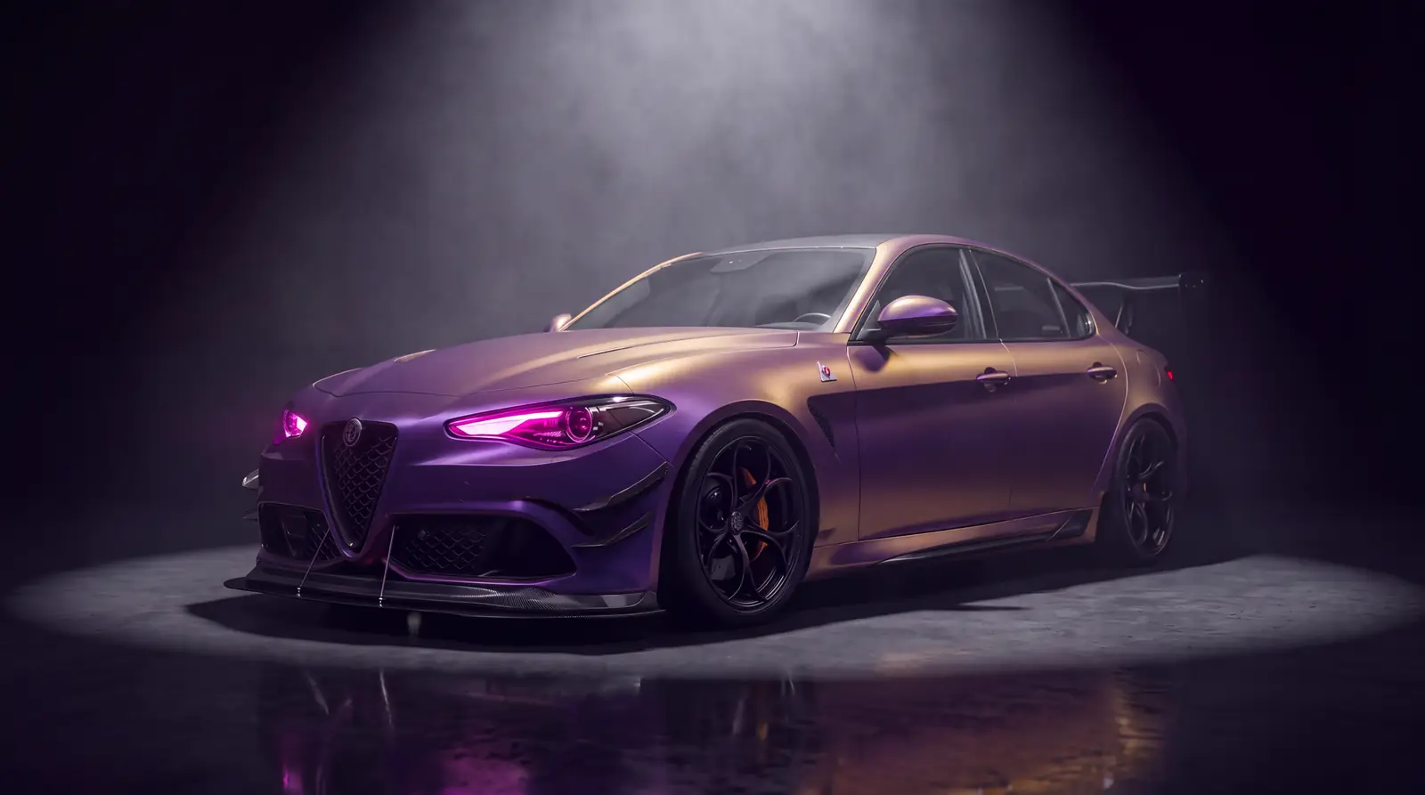 A saloon wrapped in purple to gold in a dark studio