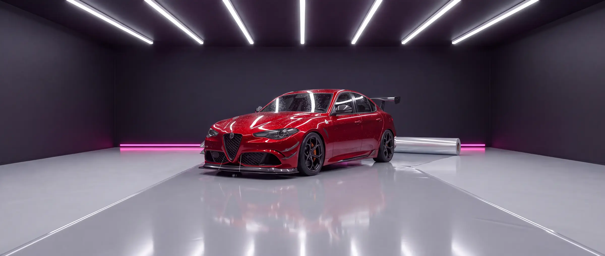 The same red saloon protected with clear gloss paint protection film, water beading on the paint, on a runway of clear film
