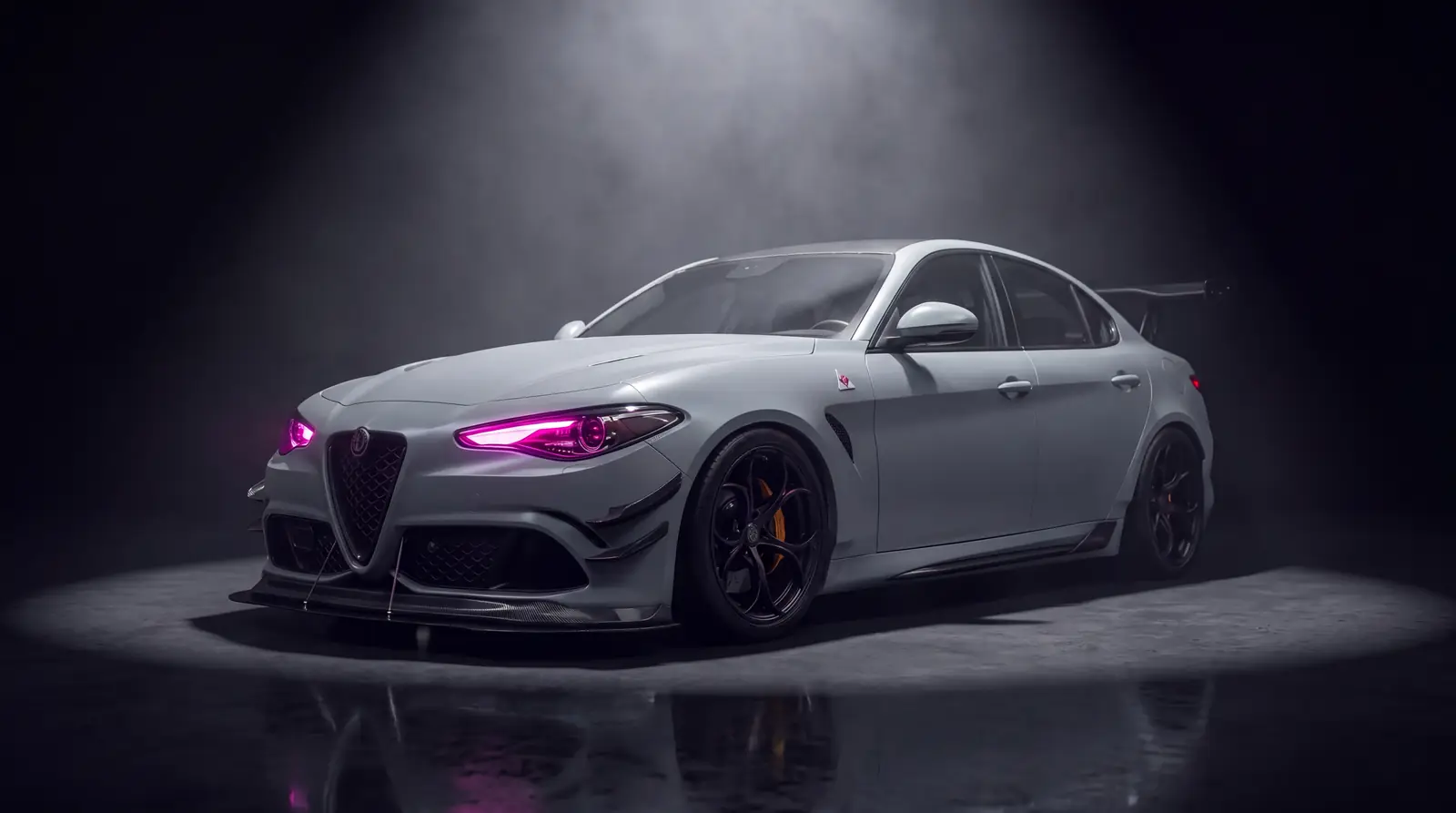 A saloon wrapped in nardo grey in a dark studio