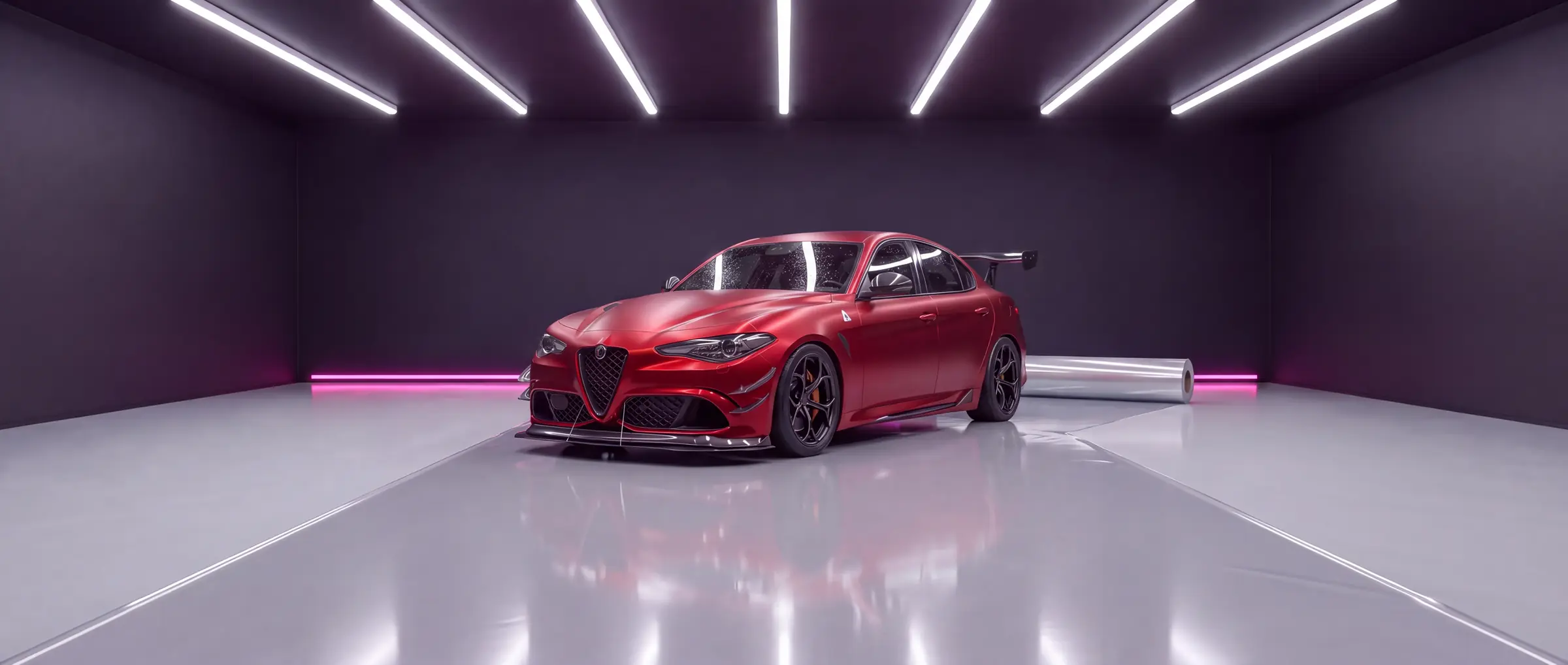 The same saloon wrapped in stealth red, in the wrapping bay