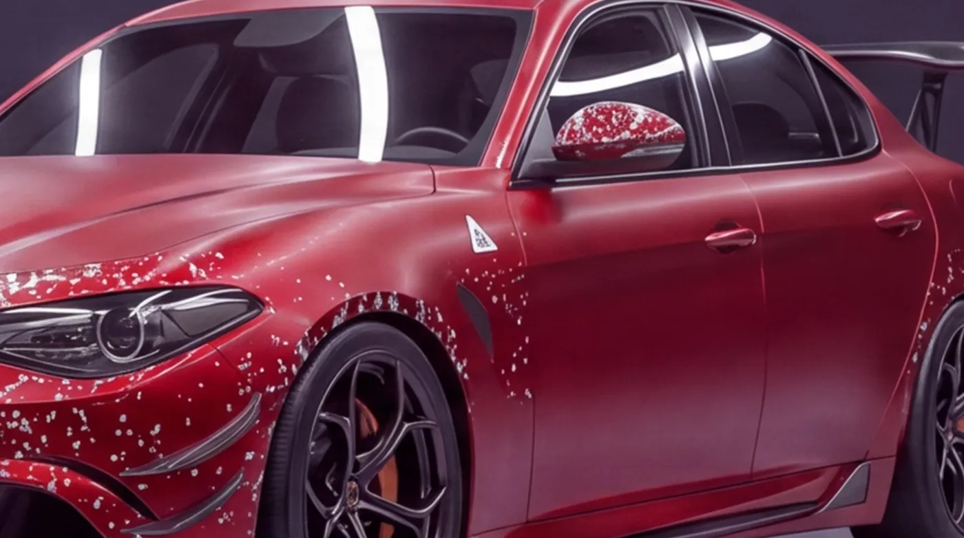 Close-up of the car's wings and mirrors peppered with stone chips, with no protection film