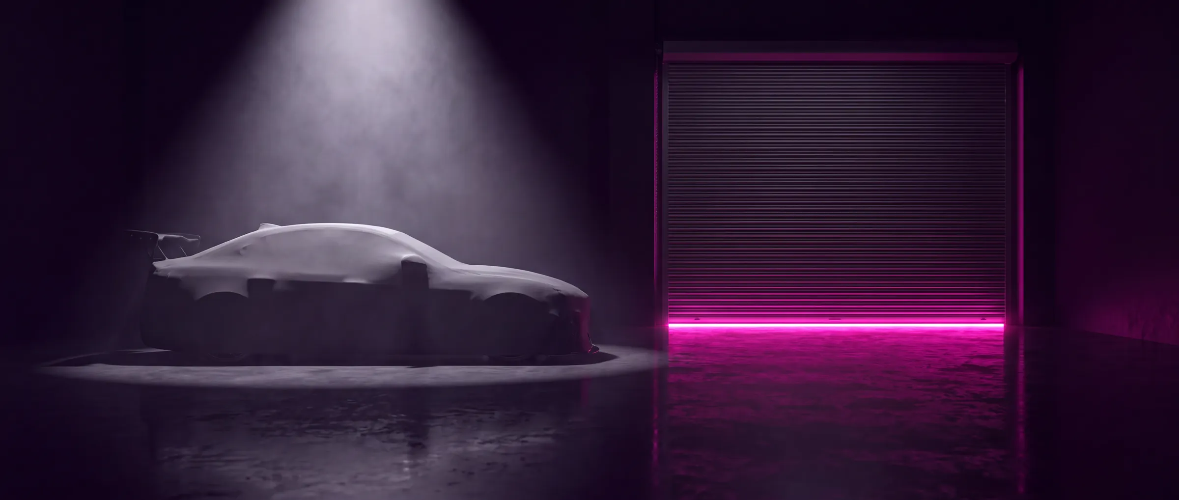 The Second Skin unit in Leeds at night, a covered car inside and the street's pink neon glowing under the shutter