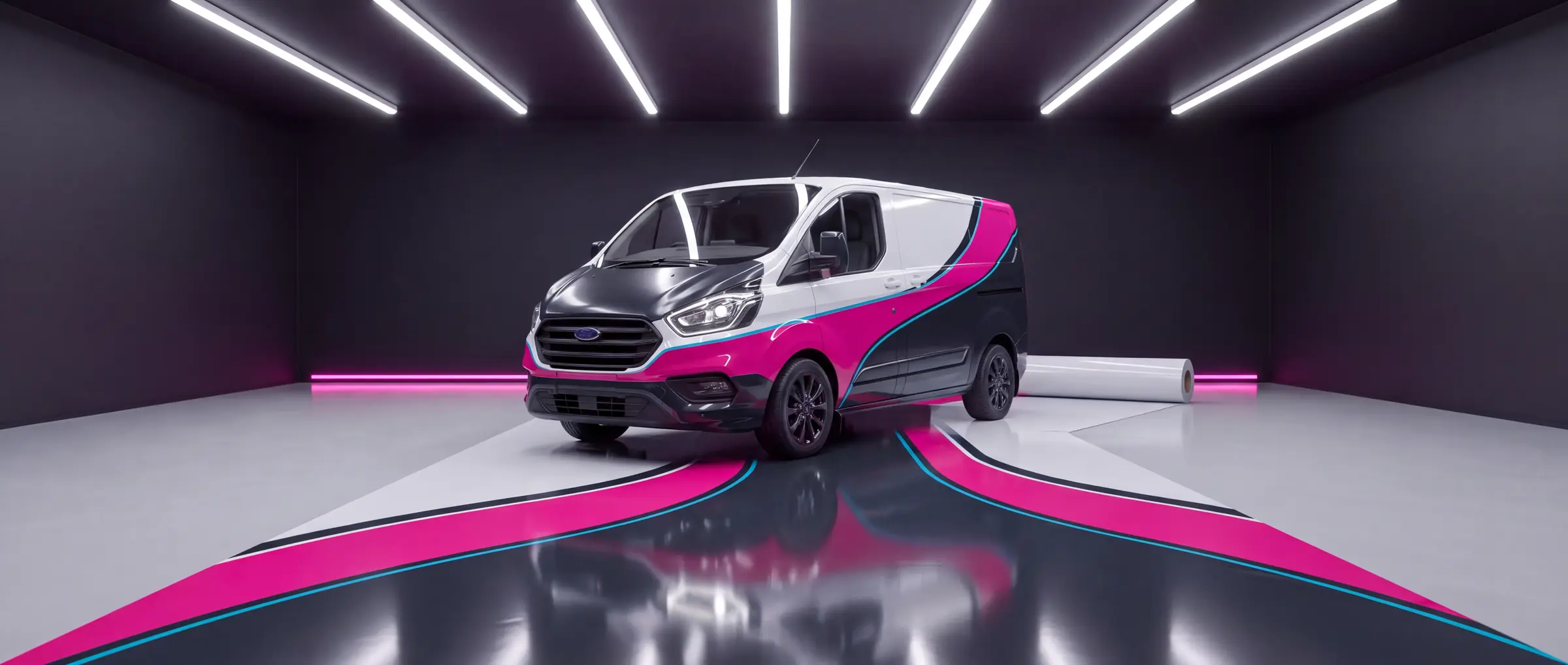 A Ford Transit Custom in a pink, charcoal and white printed livery, on a runway of the same printed film in a wrapping bay