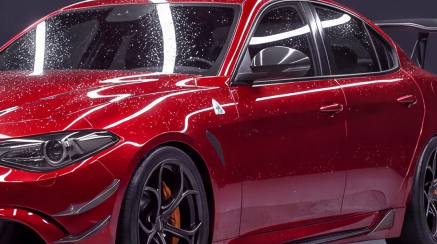 Close-up of the car's wings and mirrors protected by clear gloss film, with no chips