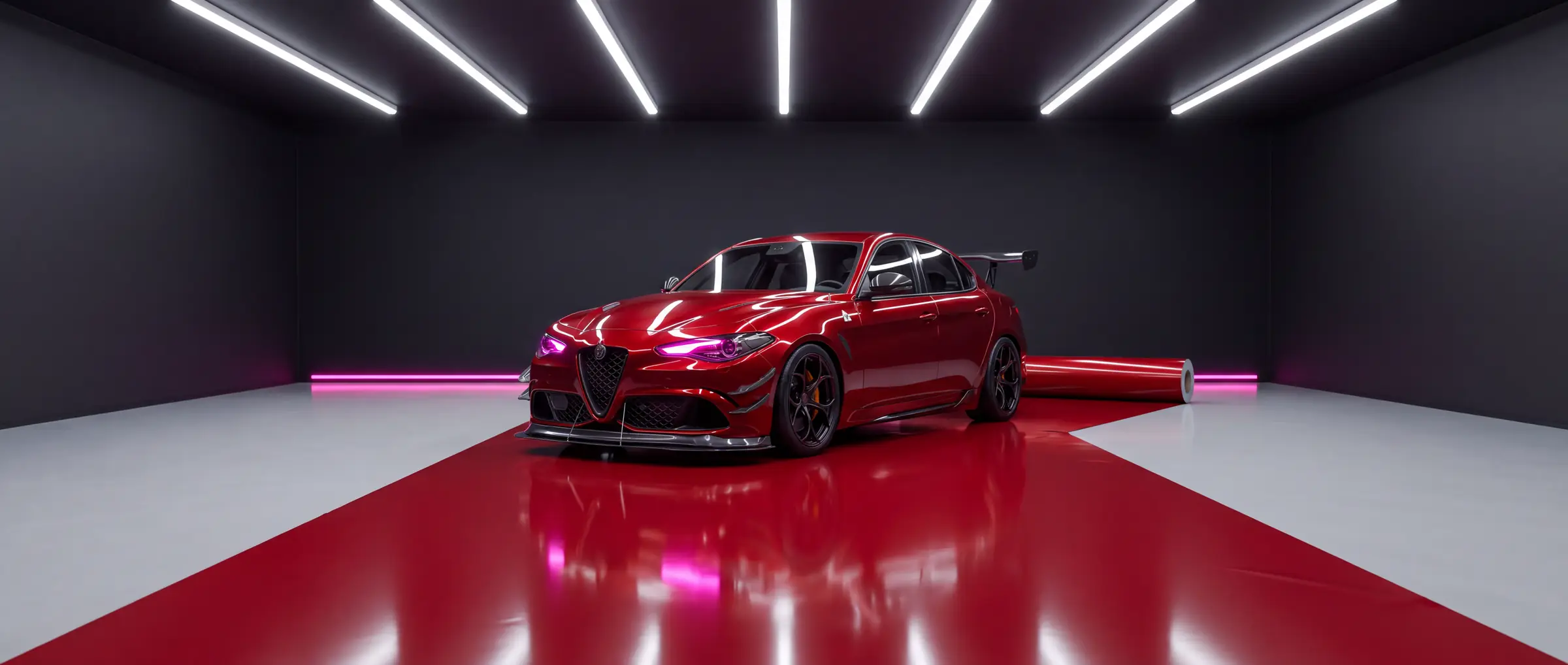The same saloon wrapped in gloss red, in the wrapping bay