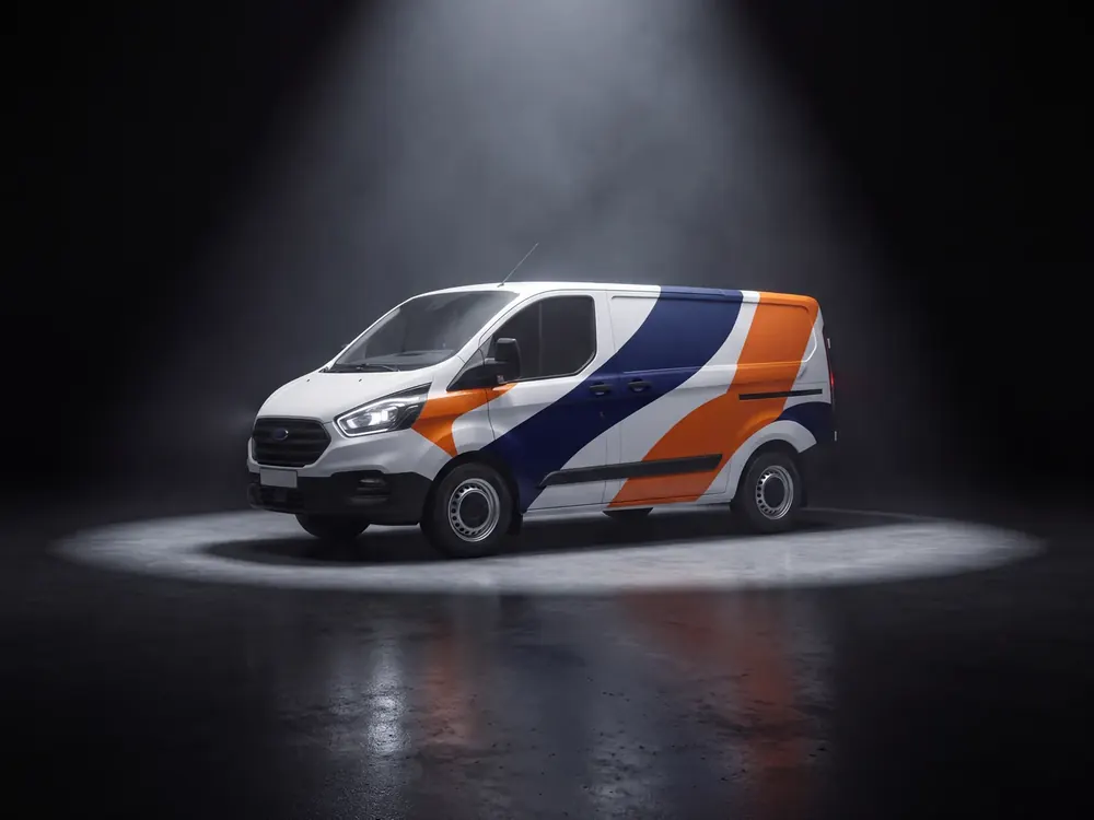 A panel van wrapped in a printed livery